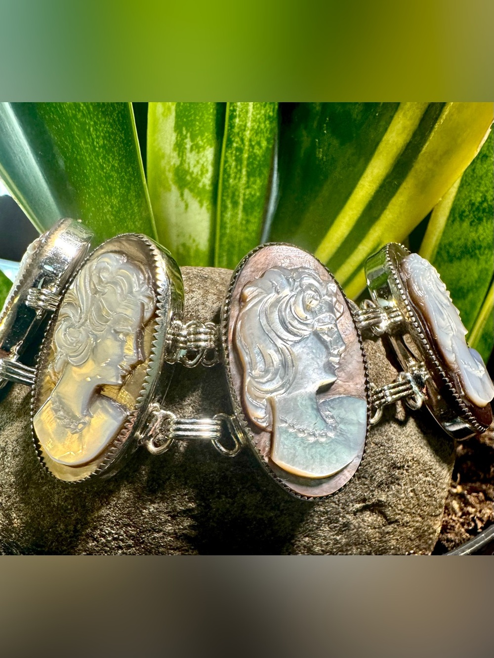 Vintage Sterling Abalone Cameo Link Bracelet